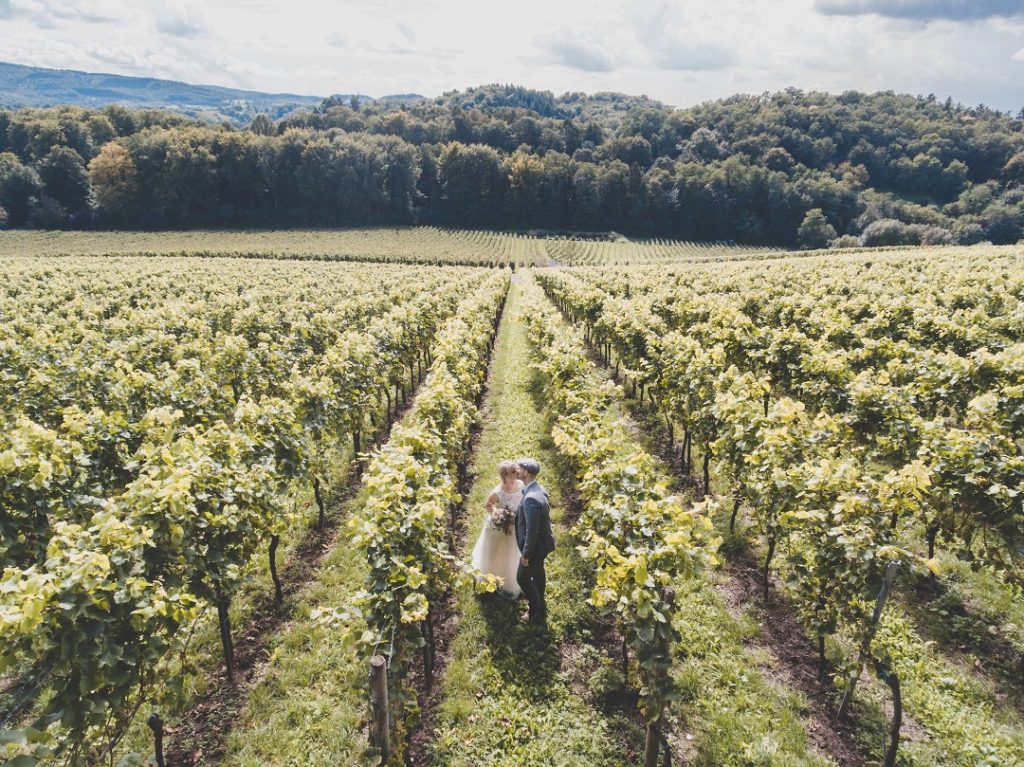 Couple de mariés dans une vigne